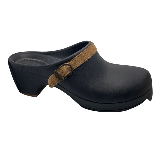CROCS  Black & Tan Clogs Wedge Heels  - Size 10 - Picture 4 of 7